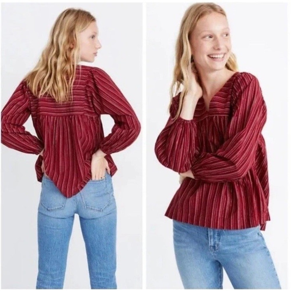 Madewell‎  Red Swingy Peasant Top In Metallic Stripe Size XXS Farmhouse Bohemian